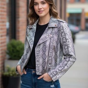Women's Snake Print moto biker Jacket size large faux suede